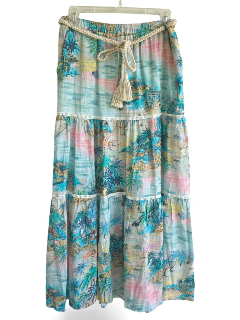 NWT C&C California floral tiered maxi skirt featuring a blue coastal print